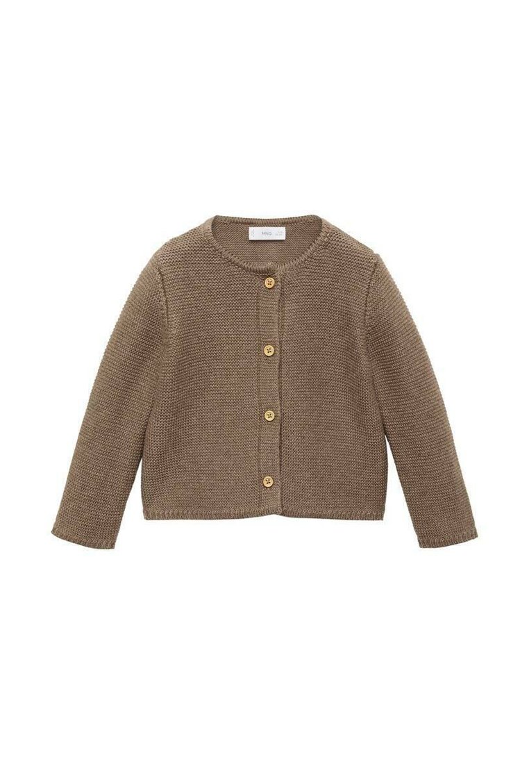 Brahno pleteno kardigan s okroglim izrezom, dolgimi rokavi in petimi lesenimi gumbi spredaj; teksturirana tkanina in skrajšana zasnova.