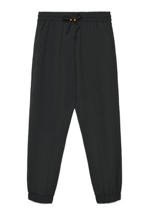 Czarne spodnie dresowe z elastycznym pasem, sznurkiem i koralikami, elastyczne mankiety przy kostkach, luźny krój.