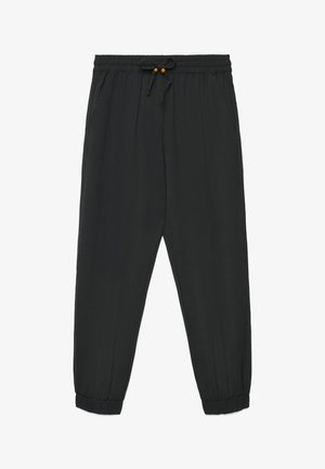 Czarne spodnie dresowe z elastycznym pasem, sznurkiem i koralikami, elastyczne mankiety przy kostkach, luźny krój.