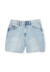 Shorts de denim azul claro con tiro alto, bolsillos frontales y dobladillo deshilachado. La tela tiene un acabado desgastado y detalles de costura sutiles.