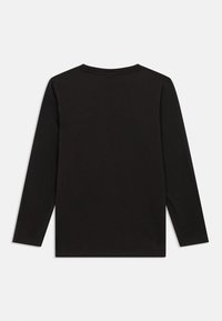 Black long-sleeve t-shirt, crew neckline, made from soft fabric, plain design, no patterns or graphics, straight hem and cuffs.