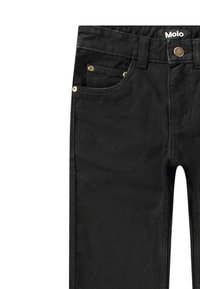 Black denim pants featuring a classic five-pocket design, gold-tone hardware, and a smooth texture. The waistband includes a label tag.
