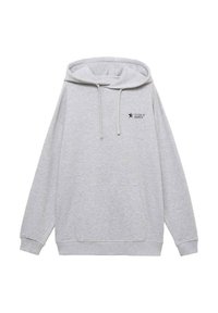 Sweat à capuche gris en mélange de coton, avec une poche kangourou, un cordon de serrage et un imprimé "CITOYEN D'AILLEURS" en noir.