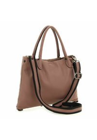 Braune Lederhandtasche mit zwei Griffen, verstellbarem Schultergurt und strukturierter Oberfläche. Verfügt über einen Reißverschluss und kontrastierende schwarze Akzente.