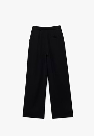 Black wide-leg trousers made of textured fabric, featuring a waistband, front pleats, and a small back pocket. Clean, minimalist design.