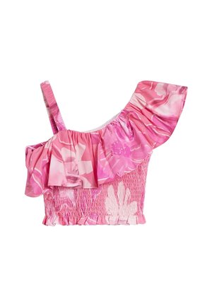 Różowo-biały kwiatowy crop top na jedno ramię z falbankowym dekoltem i marszczoną elastyczną talią, pojedynczy pasek na lewej stronie.