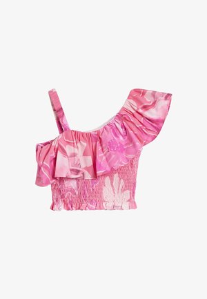 Crop top asymétrique floral rose et blanc avec un col à volants et une taille élastiquée smockée, une bretelle sur l’épaule gauche.