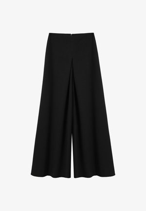 Czarne spodnie wide-leg wykonane z gładkiego materiału, z tylnym zamkiem błyskawicznym i detalem w postaci plisowania, co dodatkowo zapewnia swobodę ruchów. Brak wzorów lub akcentów.