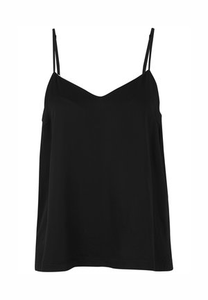 Zwarte mouwloze top met een V-hals, gemaakt van een gladde stof. Heeft verstelbare schouderbanden en een losse pasvorm.