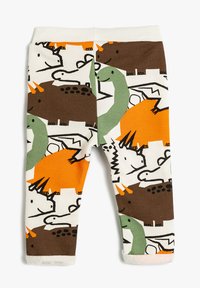 Leggings voor kinderen van crème katoen met kleurrijke dierenpatronen, waaronder dinosaurussen en andere wezens, met een zachte tailleband en beenmanchetten.