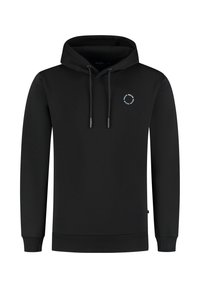 Zwarte hoodie met lange mouwen, vooraan voorzien van trekkoorden en een klein cirkelvormig logo op de linkerborst.