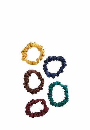 Set of five hair scrunchies in various colors: mustard yellow, navy blue, brown, dark green, and burgundy, with a soft, textured fabric.