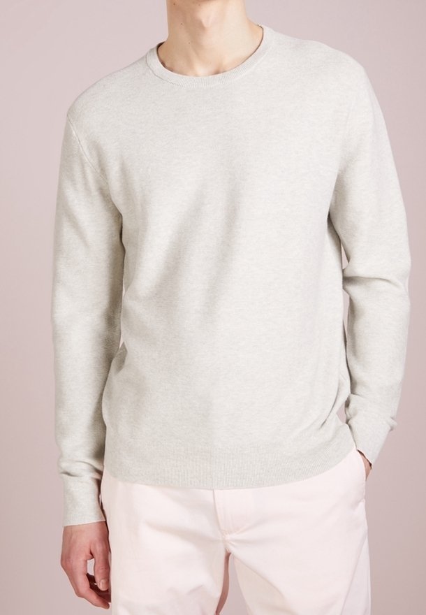 Hellgrauer Pullover mit Rundhalsausschnitt aus weichem Stoff, versehen mit einem gerippten Kragen, Bündchen und Saum. Lange Ärmel und eine taillierte Passform.