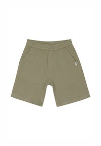 Shorts vert olive en tissu texturé, avec une taille élastique et deux poches latérales. Design simple avec des ourlets repliés.