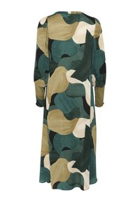 Lång, lös klänning med rund halsringning, som har ett flerfärgat abstrakt löv-mönster i grön, beige och svart. Mjuk tyg, elastiska ärmar.