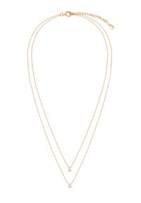 Złoty naszyjnik z podwójną warstwą, składający się z dwóch delikatnych łańcuszków z małymi błyszczącymi detalami. Teksturowane ogniwa, regulowane zapięcie i łańcuszek przedłużający.