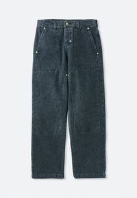 Dark gray denim pants with a high waist and relaxed fit. Features front and back pockets, gold-tone buttons, and prominent stitching details.