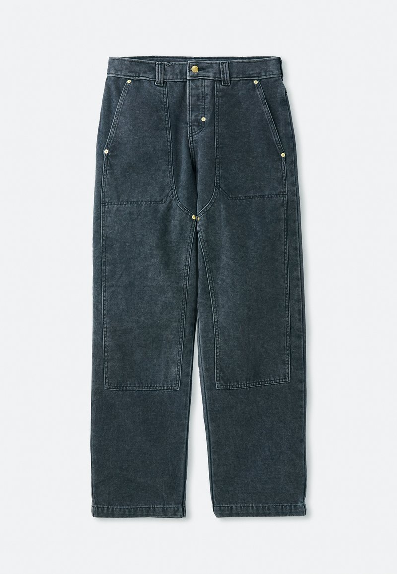 Dark gray denim pants with a high waist and relaxed fit. Features front and back pockets, gold-tone buttons, and prominent stitching details.