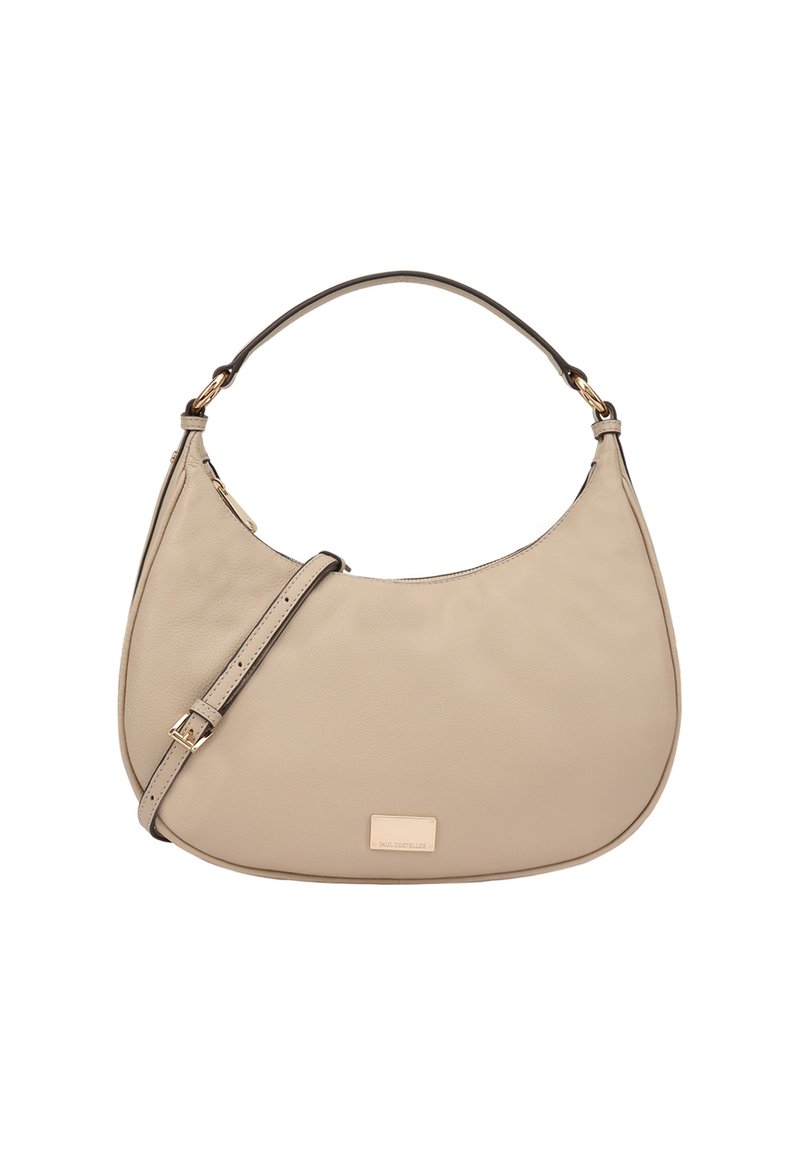 Beige leren schoudertas met een gebogen vorm, verstelbare schouderriem en hardware in goudkleur. Gladde textuur en minimale merkdetails.