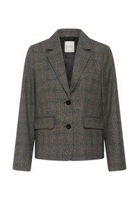 Blazer à carreaux gris avec deux boutons, revers crantés, poches à rabat et doublure intérieure noire.