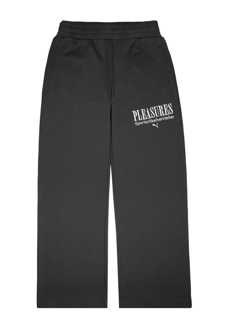 Graue Sweatpants mit lockerem Schnitt, ausgestattet mit einem elastischen Bund, seitlichen Taschen und weißem Drucktext auf der Vorderseite. Weiches Material, gerippte Textur.