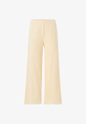 Bukser i cremet farve med vide ben og ankellængde, elastik i taljen og et subtilt tekstureret mønster, designet til afslappet brug.