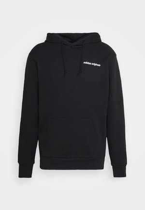 Sweat à capuche noir en coton avec une poche frontale, un cordon de serrage et un logo "adidas originals" blanc sur la poitrine. Design simple, coupe décontractée.