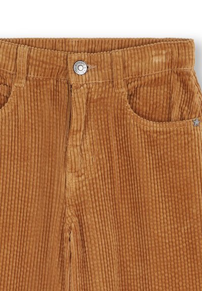 Bruine corduroy broek met verticale ribbelstructuur, voorzien van een sluiting met een knoop aan de voorkant en zijzakken, waarvan één is geaccentueerd met een zilveren ster.