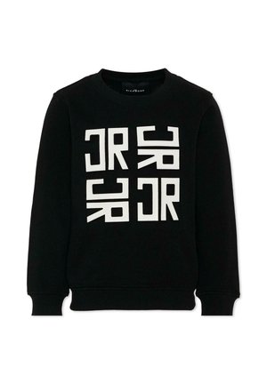 Zwart sweatshirt met lange mouwen en ronde hals met witte geometrische letters gerangschikt in een 2x2 raster aan de voorkant.