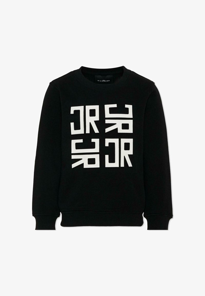 Sweat-shirt noir à manches longues et col rond avec des lettres géométriques blanches disposées en grille 2x2 à l'avant.