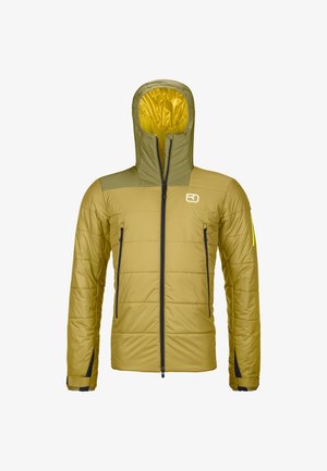 Padded jacket in olive green with a yellow interior, features a fitted hood, two zippered pockets, and elastic cuffs.
