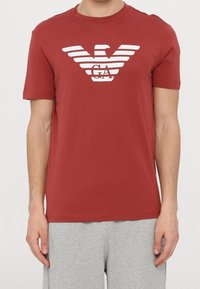 Czerwona koszulka z krótkim rękawem wykonana z bawełny. Na klatce piersiowej znajduje się biały, paskowany orzeł. Gładka faktura, dekolt w kształcie litery U.