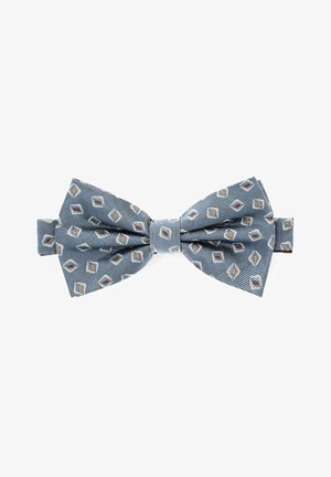 Niebieski krawat w kropki z teksturowanej tkaniny, z małymi rombowymi kształtami w stonowanych kolorach. Dołączony regulowany pasek.