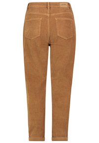 Braune Cordhosen mit vertikalen Rippungen, zwei Gesäßtaschen und einem umgekrempelten Saum. Enthält ein Etikett am Bund.