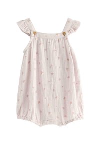 Salopette in mussola rosa chiaro con spalline arricciate, bottoni in legno e motivi floreali sparsi. Texture morbida e aperture elastiche per le gambe.