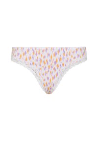 Witte slip met een abstract patroon in lavendel, oranje en paars; voorzien van kantafwerking op de tailleband en de beenopeningen. Zachte stoftextuur.