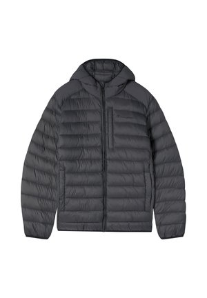 Dunkelgraue Pufferjacke mit durchgehendem Reißverschluss an der Vorderseite, Kapuze und gestepptem Design. Verfügt über eine Brusttasche und elastische Bündchen für zusätzlichen Komfort.