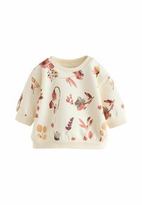 Suéter de bebé crema de manga larga con puños y bajo acanalados, con un estampado floral en rosa, púrpura y marrón y botones a presión en un hombro.