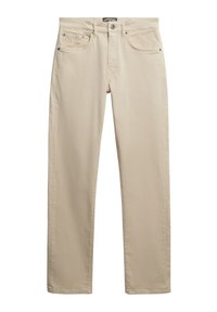 Jeans de mezclilla beige con un diseño de pierna recta, que cuentan con un cierre frontal de botón, cinco bolsillos y detalles de costura sutiles.