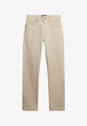Beige denim jeans met een recht gesneden pijp, voorzien van een voorknopsluiting, vijf zakken en subtiele stikdetails.