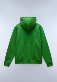 Felpa verde con cappuccio caratterizzata da un grande logo circolare in rilievo sul retro. Realizzata in tessuto morbido, con cappuccio regolabile e polsini a coste.
