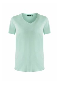 Mátově zelené tričko s krátkým rukávem a V-výstřihem vyrobené z měkké látky. Jednoduchý design bez viditelných vzorů nebo akcentů.