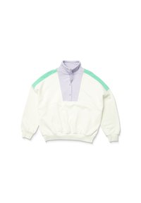 Weißes und lavendelfarbenes Pullover-Sweatshirt mit mintgrünen Akzenten, hohem Kragen, knöpfbarem Ausschnitt sowie elastischen Bündchen und Saum.
