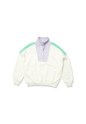 Sweatshirt blanc et lavande avec des accents vert menthe, col montant, cou fermeture à boutons, et poignets et taille élastiqués.