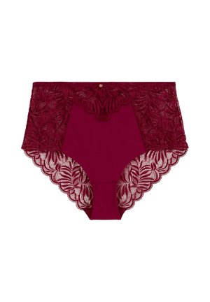 Culotte taille haute bordeaux avec des détails en dentelle sur les côtés et des bords festonnés, présentant un panneau central lisse et un petit accent métallique.