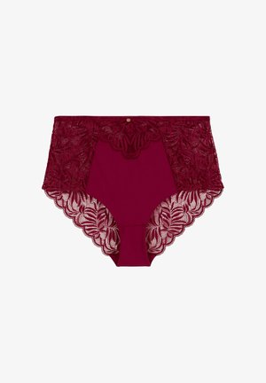Culotte taille haute bordeaux avec des détails en dentelle sur les côtés et des bords festonnés, présentant un panneau central lisse et un petit accent métallique.