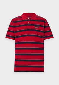 Polo rouge avec des rayures horizontales bleu marine, doté d'un col avec boutons et de trois boutons. Petite étiquette logo sur la poitrine gauche. Matière en coton.
