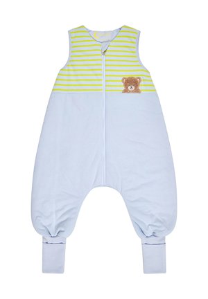 Ärmelloser Baby-Strampler mit hellblauem Unterteil, gelb-weiß gestreiftem Oberteil, Frontreißverschluss und Teddybär-Aufnäher auf der Brust.