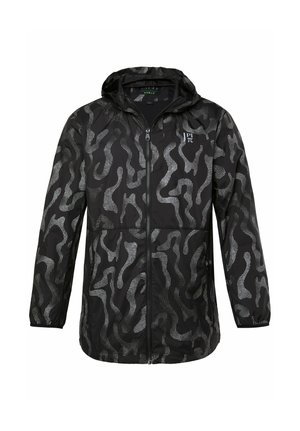 Sort hættejakke med fuld lynlås foran, elastiske manchetter og et gråt abstrakt prikket mønster over det hele. Lille hvidt logo på brystet.