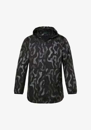 Schwarze Kapuzenjacke mit durchgehendem Front-Reißverschluss, elastischen Bündchen und einem grauen, abstrakten Punktmuster. Kleines weißes Logo auf der Brust.